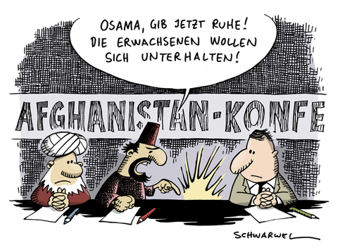 Cartoon: Afghanistan-Konferenz (medium) by Schwarwel tagged afghanistan,konferenz,osama,bin,laden,regierung,karzai,kabul,anschlag,gipfel,außenminister,karikatur,schwarwel