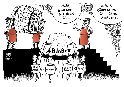 Cartoon: Bier-Fusion bahnt sich an (medium) by Schwarwel tagged bier,lebensmittel,getränk,alkohol,fusion,vereinigung,marktführer,ab,inbev,sabmiller,übernahme,karikatur,schwarwel,becks,corona,stelle,artois,budweiser,bier,lebensmittel,getränk,alkohol,fusion,vereinigung,marktführer,ab,inbev,sabmiller,übernahme,karikatur,schwarwel,becks,corona,stelle,artois,budweiser