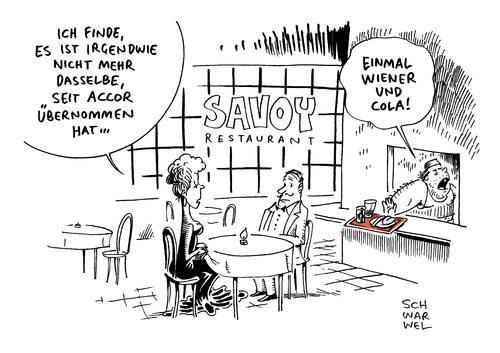 Cartoon: Billigkette Accor kauft Savoy (medium) by Schwarwel tagged hotel,übernahme,übernachtung,accor,kauf,savoy,billigkette,karikatur,schwarwel,hotel,übernahme,übernachtung,accor,kauf,savoy,billigkette,karikatur,schwarwel