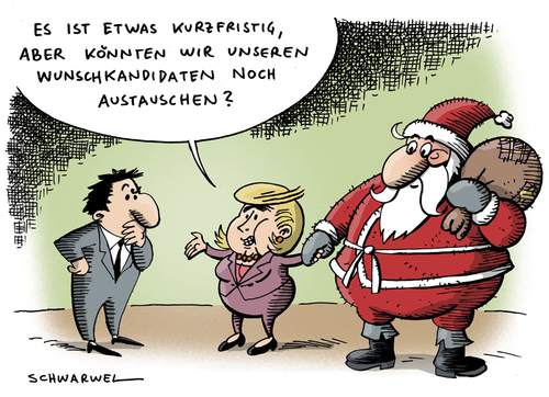 Cartoon: Bundespräsidentenwahl (medium) by Schwarwel tagged wahl,bundespräsidentenwahl,rücktritt,bundespräsident,horst,köhler,schloss,bellevue,angela,merkel,deutsche,geschichte,amt,mann,weihnachtsmann,karikatur,schwarwel