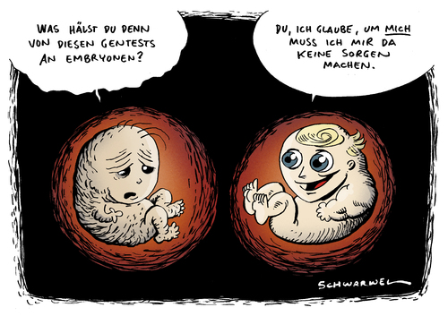 Cartoon: Bundestag Gentests an Embryos (medium) by Schwarwel tagged gen,gentest,embryo,bundestag,regierung,deutschland,gesetz,umstritten,präimplantationsdiagnostik,implantation,defekt,eltern,kind,erbkrankheit,krankheit,erbe,tod,ethik,karikatur,schwarwel,forschung,wissenschaft,pid,behinderung,gen,embryo,gentest,bundestag,regierung,deutschland,gesetz,umstritten,präimplantationsdiagnostik,defekt,eltern,kind,erbkrankheit,forschung,wissenschaft,ethik,krankheit,erbe,tod,genetik,gesundheit,schwanger