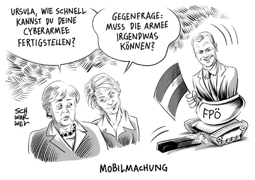 Cartoon: Cyberarmee und FPÖ Hofer (medium) by Schwarwel tagged verteidigung,krieg,frieden,verteidigungsministerin,von,der,leyen,cyberarmee,armee,heer,wahlsieger,tirol,fpö,kandidat,hofer,rechts,rechtspopulismus,panzer,nazi,rassist,österreich,karikatur,schwarwel,burschenschaft,verteidigung,krieg,frieden,verteidigungsministerin,von,der,leyen,cyberarmee,armee,heer,wahlsieger,tirol,fpö,kandidat,hofer,rechts,rechtspopulismus,panzer,nazi,rassist,österreich,karikatur,schwarwel,burschenschaft