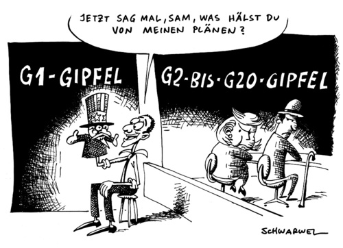 Cartoon: G20 Gipfel Streit Merkel Obama (medium) by Schwarwel tagged g20,gipfel,wirtschaft,streit,angela,merkel,barack,obama,mächte,staat,karikatur,schwarwel