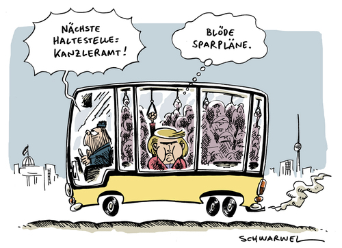 Cartoon: Haltestelle Kanzleramt (medium) by Schwarwel tagged angela,merkel,sparpläne,krise,wirtschaft,wirtschaftskrise,sparen,karikatur,schwarwelhaltestelle,kanzleramt