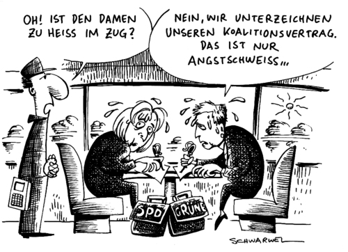 Cartoon: Koalitionsvertrag im ICE (medium) by Schwarwel tagged nrw,minderheitsregierung,angela,merkel,ice,regierung,deutschland,krise,koalition,vertrag,karikatur,schwarwel