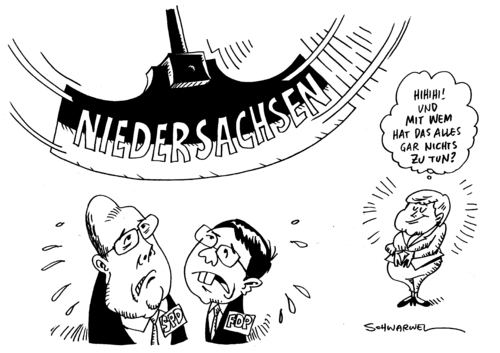 Cartoon: Schicksalswahl SPD FDP (medium) by Schwarwel tagged wahl,niedersachsen,spd,fdp,schicksalswahl,angela,merkel,politik,partei,deutschland,karikatur,schwarwel,wahl,niedersachsen,spd,fdp,schicksalswahl,angela,merkel,politik,partei,deutschland,karikatur,schwarwel