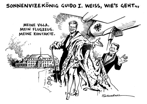 Cartoon: Sonnenvizekönig Guido I. (medium) by Schwarwel tagged sonnenkönig,guido,westerwelle,villa,flugzeug,kontakte