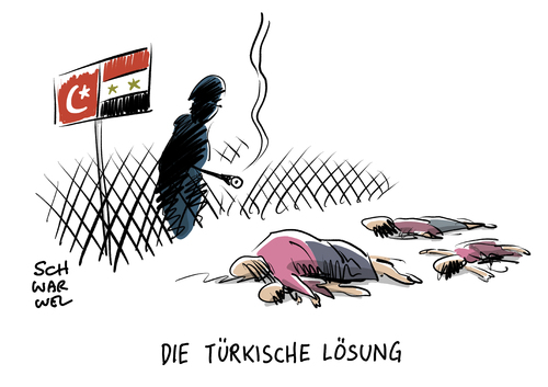 Cartoon: Syrien Flüchtlinge an Grenze (medium) by Schwarwel tagged vorwürd,türkei,syrien,flüchtlinge,geflüchtete,flüchtlingskrise,flüchtlingspolitik,schuss,schießen,erschießen,grenze,karikatur,schwarwel,vorwürd,türkei,syrien,flüchtlinge,geflüchtete,flüchtlingskrise,flüchtlingspolitik,schuss,schießen,erschießen,grenze,karikatur,schwarwel