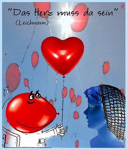 Cartoon: Das Herz muss da sein! (medium) by edda von sinnen tagged herz,luftballon,leichnam,karsten,breitung,haarnetz,zipfel,cartoon,widmung,illustration,composing,edda,von,sinnen,würmer