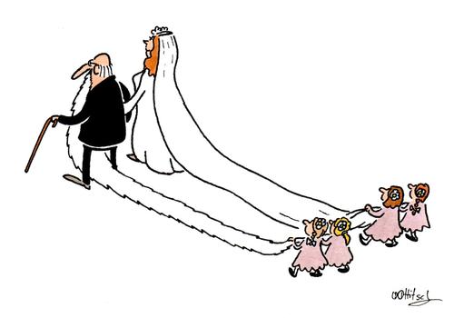 Cartoon: Schleppenträgerinnen (medium) by Ottitsch tagged hochzeit,alt,jung,wedding,groom,bride,old,young,trainbearer,schleppenträger,braut,bräutigam