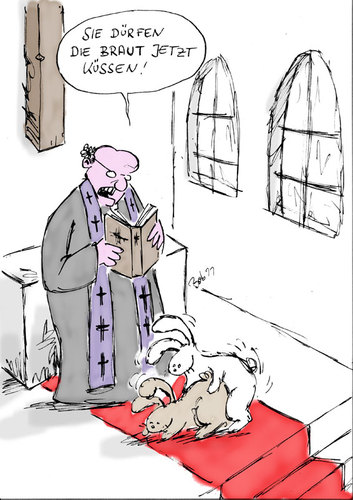 Cartoon: Küss die Braut (medium) by bob tagged kirche,ehe,trauung,pfarrer,priester,braut,bräutigam,bibel,hase,rammeln,bob,cartoon