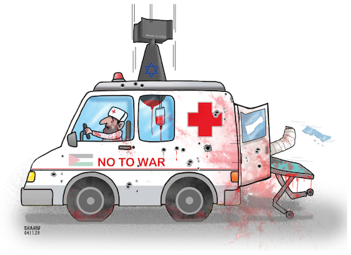 Cartoon: Attacking an ambulance ! (medium) by Shahid Atiq tagged palestine