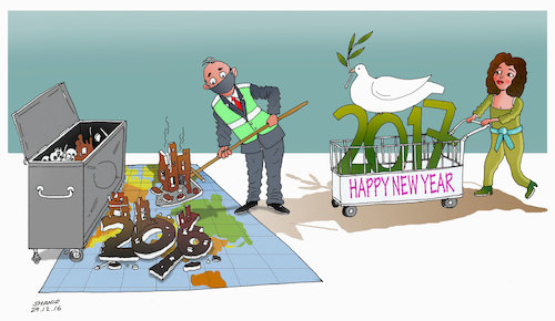 Cartoon: Happy New Year 2017! (medium) by Shahid Atiq tagged trump,afghanistan,safi,shahid,bahar,ieba,rayian,castro,cuba,aleppo