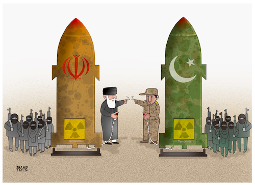 Cartoon: Iran- Pakistan conflict! (medium) by Shahid Atiq tagged iran