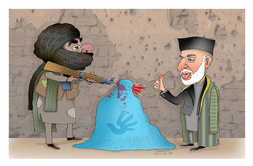 Cartoon: Karzai Supporting Taliban ! (medium) by Shahid Atiq tagged afganistan