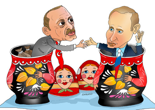 Cartoon: Russia and Turkey Ties (medium) by Shahid Atiq tagged afghanistan,kabul,syria,iran,switzerland,schweiz,usa,france,football,safi,cartooneu,uk,putin,erdogan,raiyan,shahid