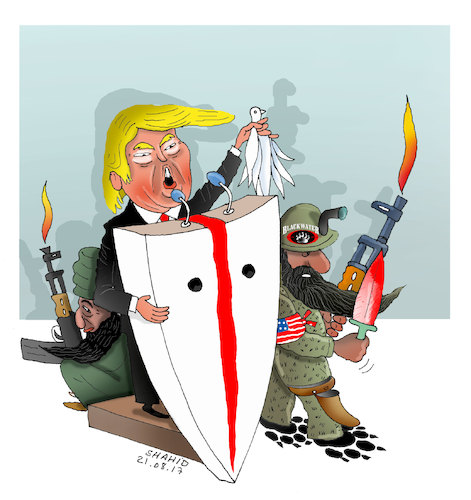 Cartoon: Trump and Afghanistan! (medium) by Shahid Atiq tagged afghanistan,balkh,helmand,kabul,london,nangarhar,and,ghor,attack