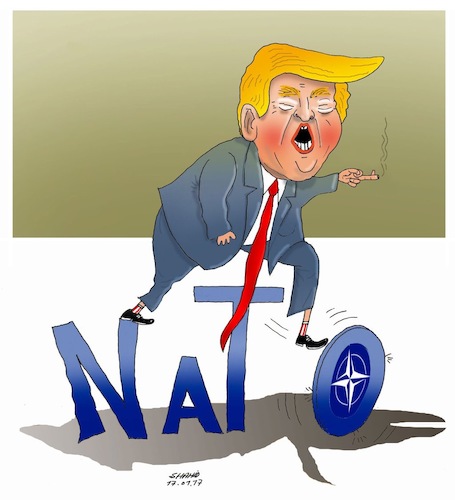 Cartoon: Trump will trash the expired NAT (medium) by Shahid Atiq tagged afghanistan,nato,bahar,hiba,rahio