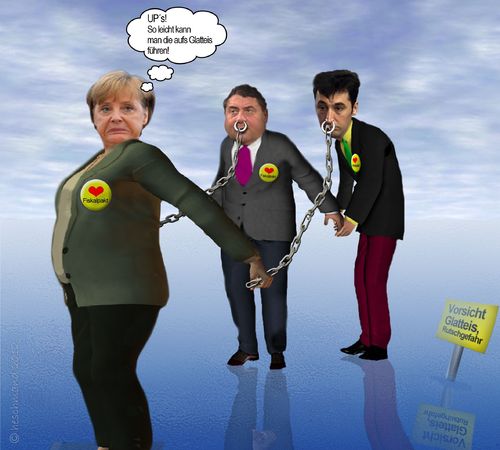 Cartoon: Merkel und ihre Rinder (medium) by heschmand tagged merkel,gabriel,özdemir,cdu,spd,grüne,fiskalpakt,demokratie,europa,euro,bundesregierung,glatteis