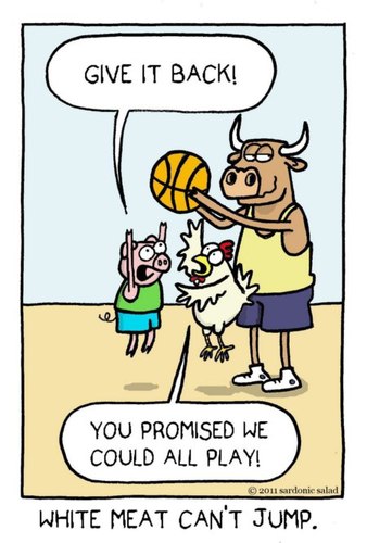 Cartoon: white meat cant jump (medium) by sardonic salad tagged white,meat,pig,chicken,bull,basketball,cartoon,comic,sardonic,salad