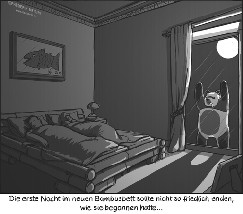 Cartoon: nächtlicher Haushunger (medium) by Zapp313 tagged schlafzimmer,fenster,fressen,essen,nacht,schlafen,bambusbett,bett,bambus,panda