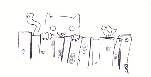 Cartoon: cat n bird (medium) by Spacekadettin tagged doodle,cat,bird,fun,funny,sketchy,nice,fence,hanging,cute