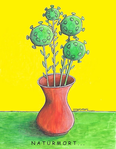 Cartoon: Natürmort (medium) by ercan baysal tagged naturmort,stilllife,corona,covit19,virüs,dead,flower,cartoon,illustration,healt,vase
