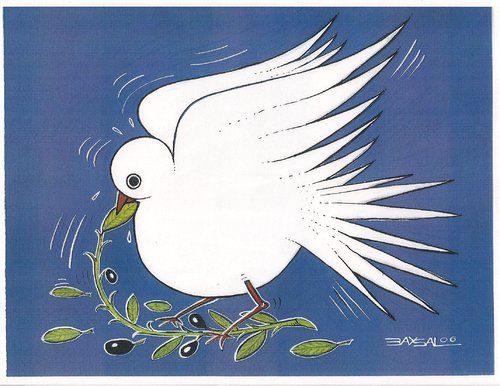 Cartoon: Pigeon (medium) by ercan baysal tagged sava,rostrate,animals,satire,handmade,artwork,work,art,tiere,fly,olive,peace,pigeon