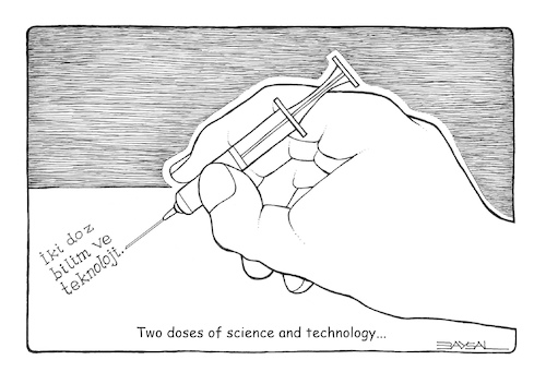 Cartoon: Science and technology... (medium) by ercan baysal tagged science,technology,doses,vaccine,vaccinator,health,pandemi,ercanbaysal,nurse,healt,hand,doctor,syringe