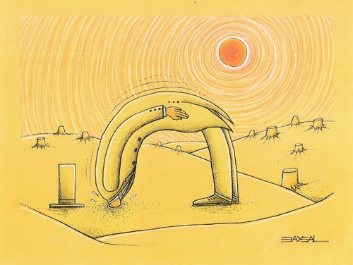 Cartoon: The Ostrich (medium) by ercan baysal tagged magazine,newspaper,talent,idea,coloured,work,artwork,picture,paint,image,vision,daydream,dream,fantasy,design,create,handmade,satire,humour,illustration,cartoon,yellow,forest,environment,ecology,land,root,sun,politician,desert,sand,ostrich