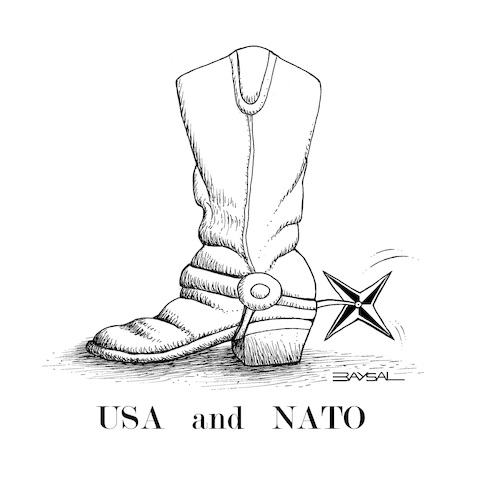 Cartoon: USA and NATO... (medium) by ercan baysal tagged usa,nato,otan,abd,imperialism,ab,boots,star,spur,bumper,rowel,russia,ukraine,cowboy