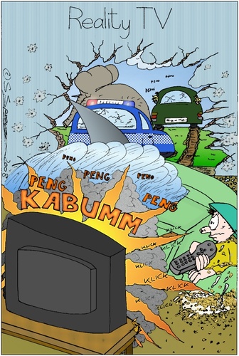 Cartoon: Reality TV (medium) by chaosartwork tagged zapping,umschalten,ausbruch,chaos,wild,flucht,verfolgung,zerstörung,verwüstung,explosion,mattscheibe,zuschauer,fernsehen