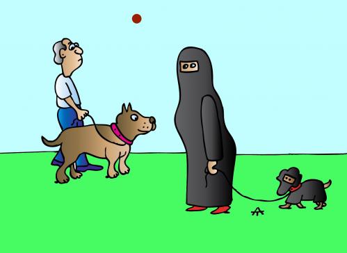 Cartoon: Arabian Woman ith Dog (medium) by Alexei Talimonov tagged arabaian,islam,religion,dog,pets