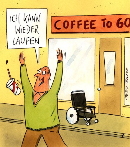 Cartoon: coffee (medium) by Peter Thulke tagged coffee,coffee,kaffee,laufen,rollstuhl,behinderung,wunder,mitnehmen,to go,to,go