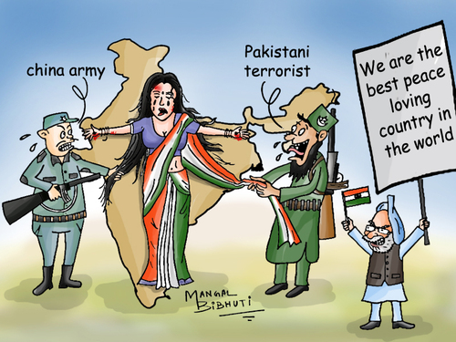 Cartoon: mother India (medium) by mangalbibhuti tagged mangalbibhuti,motherindia,monmohanshing,india,pakisthan,china,terrorist,army,rape,corruption,bharatmata