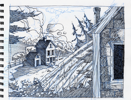 Cartoon: Cabin in the Woods (medium) by Cartoons and Illustrations by Jim McDermott tagged ink,woods,sketchbook,cabin