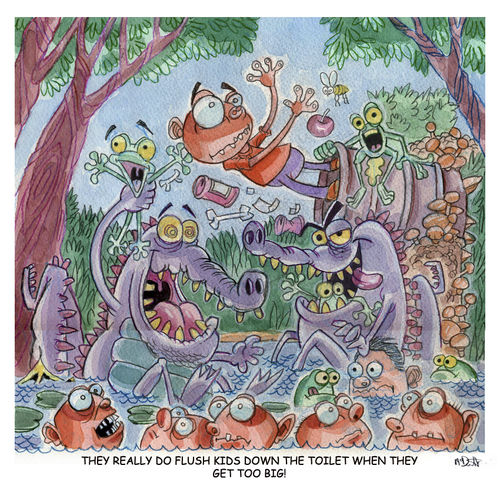 Cartoon: When kids get to big (medium) by Cartoons and Illustrations by Jim McDermott tagged kids,bathroom,gaters,frogs,feeding