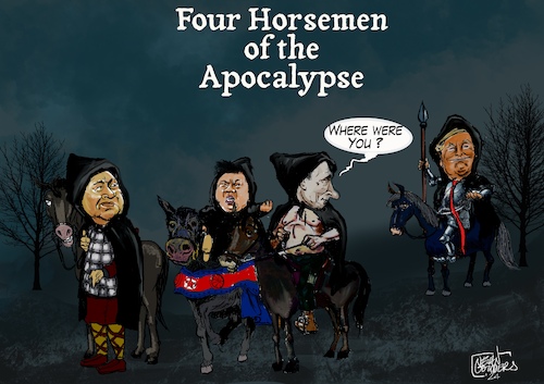 Cartoon: Four horsemen of the apocalypse (medium) by jean gouders cartoons tagged autocrats,trump,xi,putin,kim,autocrats,trump,xi,putin,kim