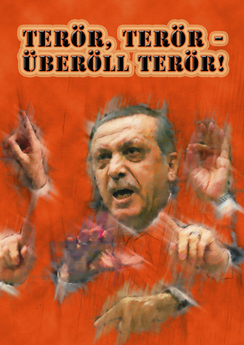 Cartoon: Paranoia in Ankara (medium) by Alf Miron tagged diktatur,präsident,nationalismus,türkischer,demonstrationsverbot,todesstrafe,pressefreiheit,entlassungen,kurden,gülem,terrorist,terror,verhaftung,gefängnis,verhaftungswelle,hdp,türkei,recep,erdogan