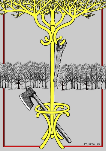 Cartoon: Tree (medium) by srba tagged tree,hatstand,hatchet,saw