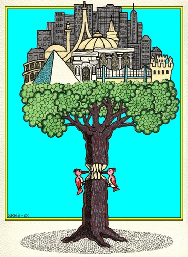 Cartoon: World Tree (medium) by srba tagged tree,woodpeckers,buildings