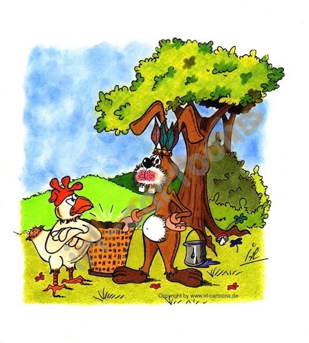 Cartoon: Häuptling der Indianer.... (medium) by irlcartoons tagged ostern,osterhase,indianer,hühner,huhn,eier,ei,korb,federn,häuptling,federdieb,dieb,streik
