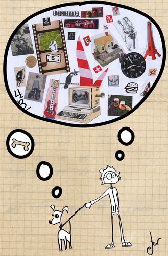 Cartoon: hueso (medium) by german ferrero tagged hueso,perro,pensar,consumo,tiempo,dog,collage