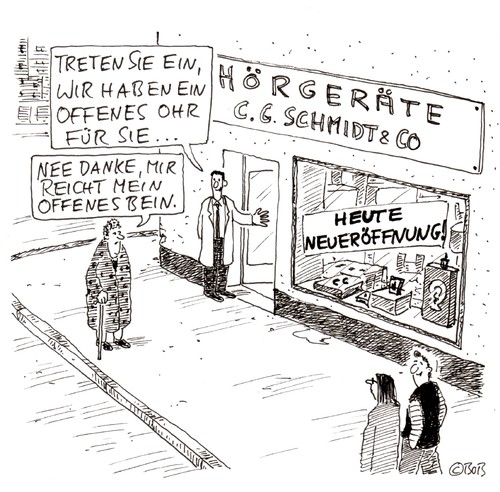 Cartoon: Treten Sie ein (medium) by Christian BOB Born tagged hören,neu,eröffnung,gesundheit,ohren,beine