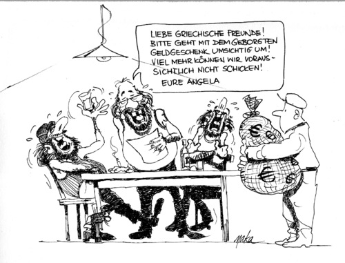 Cartoon: Griechische Nöte? (medium) by kama tagged euro,finanzhilfe,griechenland,deutschland,angele,merkel