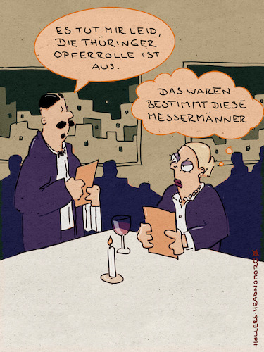 Cartoon: Opferrolle (medium) by hollers tagged opferrolle,afd,thüringen,restaurant,weidel,messermann,essen,rechtsradikal,hollers,opferrolle,afd,thüringen,restaurant,weidel,messermann,essen,rechtsradikal,hollers