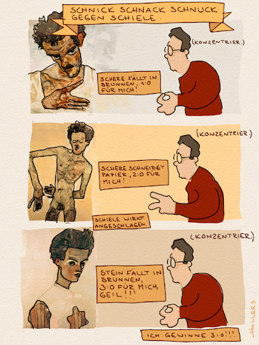 Cartoon: Schnick Schnack Schnuck (medium) by hollers tagged schnick,schnack,schnuck,schiele,stein,schere,papier,brunnen,spiel,hände,maler,schnick,schnack,schnuck,schiele,stein,schere,papier,brunnen,spiel,hände,maler
