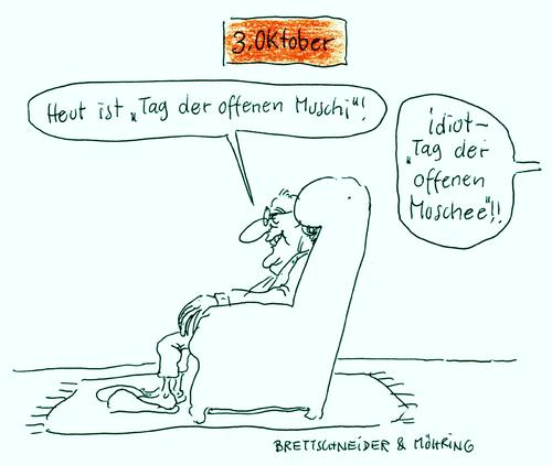 Cartoon: offener tag (medium) by brettschneider und möhring tagged feiertag,dritter,oktober,tag,der,offenen,moschee,islam,muslime,cartoon,karikatur,brettschneider,und,möhring