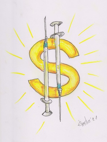 Cartoon: Vaccine Dollars (medium) by Erki Evestus tagged dollars,vaccine,covid,pandemic