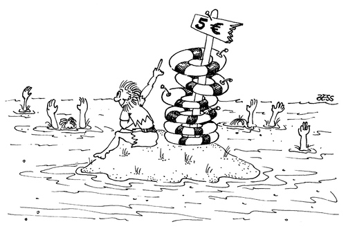 Cartoon: Alles hat seinen Preis (medium) by besscartoon tagged insel,meer,schiffbruch,rettungsring,ertrinken,geld,euro,bess,besscartoon